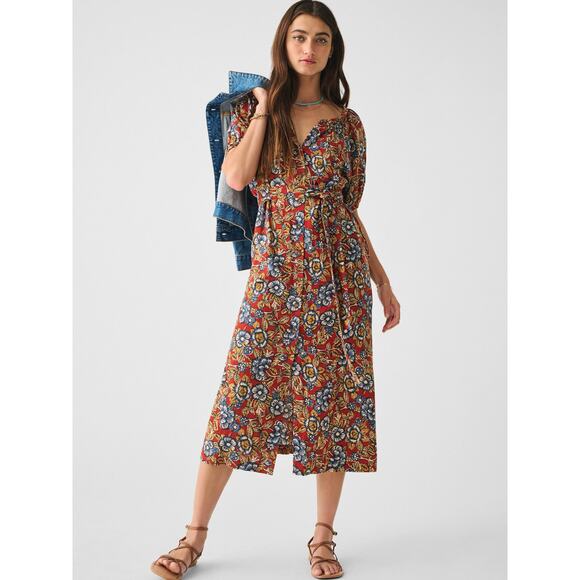 Faherty Carmel Linen Blend Belted Midi Dress Red Desert Bloom Flowy Classic XXL - Picture 1 of 17